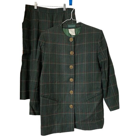 Vintage Harve Benard Suit Jacket 10 and Skirt 14 Womens Green Plaid Wool - Picture 1 of 8